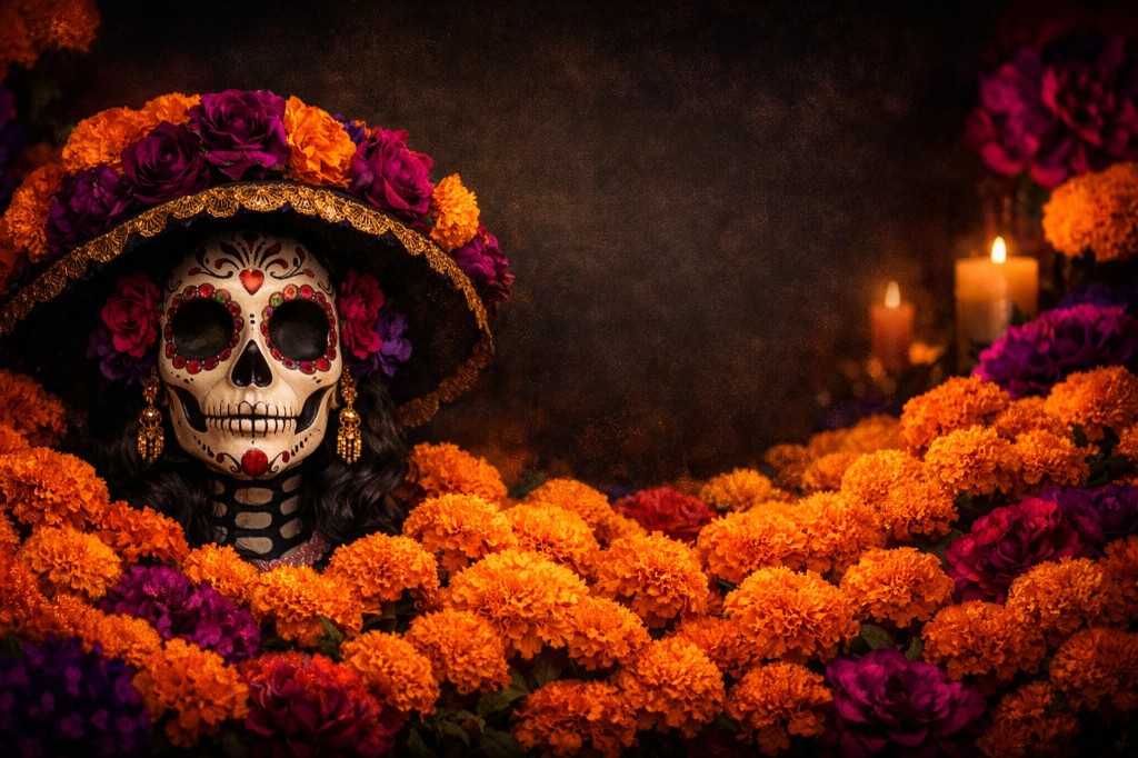 Catrina con flores de cempasúchil, símbolo de la cultura mexicana